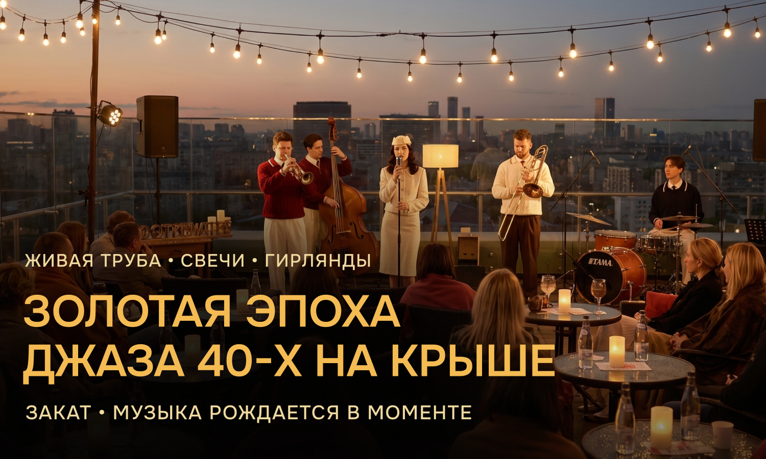 ЖИВОЙ ДЖАЗ ЗОЛОТОЙ ЭПОХИ 40-х НА КРЫШЕ Закат в стиле 40-х на 18 этаже, живая труба и музыка, которая рождается прямо на ваших глазах.